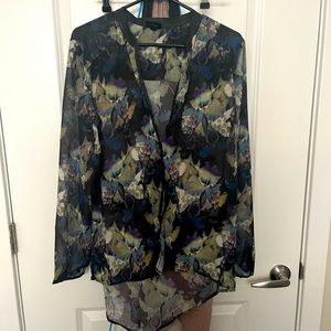 Sheer floral blouse with leather color detail, never worn
